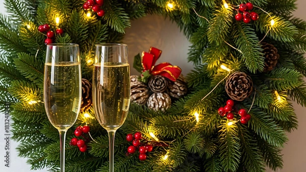 Fototapeta Two champagne flutes filled with bubbly drink in front of a Christmas wreath image