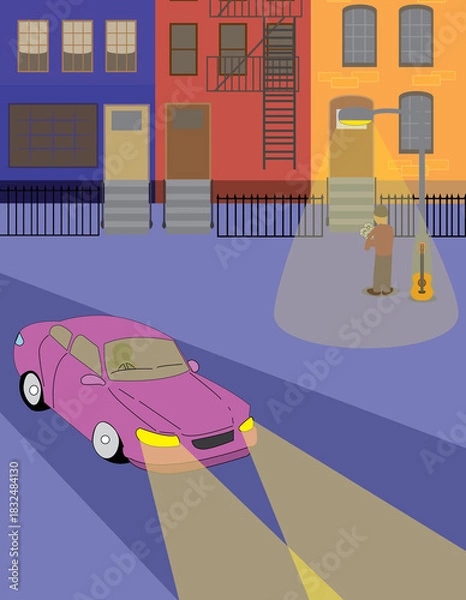 Obraz A vector art of night drive where the setting is in the city and a person is waiting outside. 