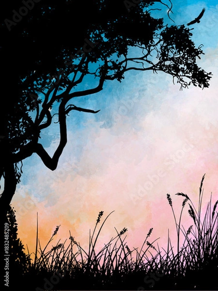 Obraz Vibrant Sky with Nature Silhouettes