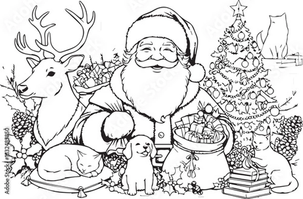 Fototapeta Festive Christmas Scene with Santa, Reindeer, and Pets