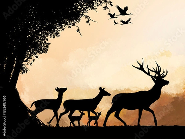 Obraz Deer Family Silhouette at Sunset