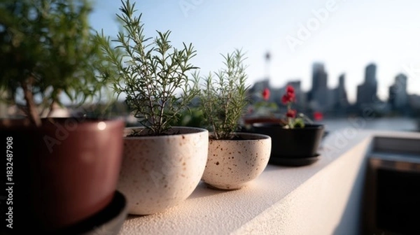 Obraz A serene urban scene featuring potted plants on a ledge, with a city skyline in the background, showcasing a blend of nature and architecture.