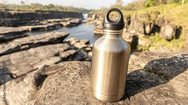Obraz A stainless steel water bottle stands on a rock by a river, surrounded by a natural landscape of stones and greenery.