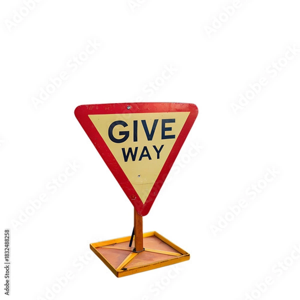 Fototapeta A close up of a give way sign with a red border on a black background outdoors