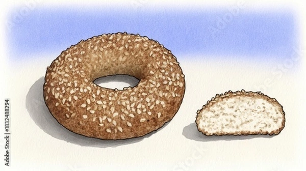 Fototapeta A round sesame bagel with a slice cut out, showcasing its soft interior and textured crust against a light background.