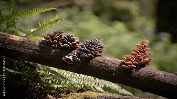 Obraz A serene scene featuring colorful mushrooms growing on a log, surrounded by lush green foliage in a peaceful forest setting.