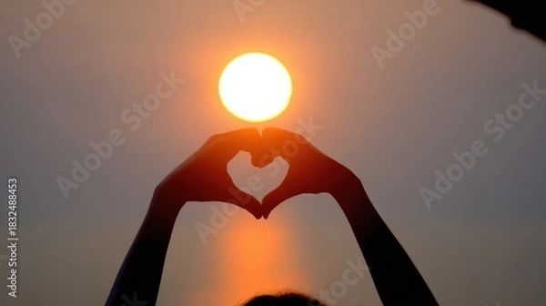 Fototapeta A silhouette of hands forming a heart shape around a rising sun, creating a serene and romantic atmosphere at sunset.