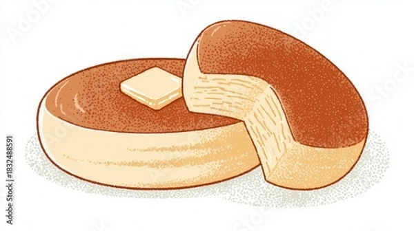 Fototapeta An illustration of a round loaf of bread with butter on top, showcasing a soft texture and a warm, inviting appearance.