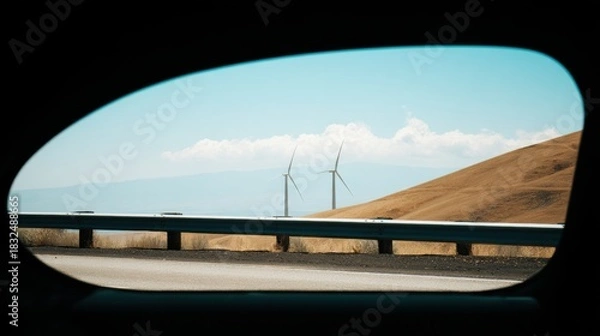 Fototapeta A view through a car window shows wind turbines on a hill, framed by the curved glass, with blue skies and distant mountains in the background.