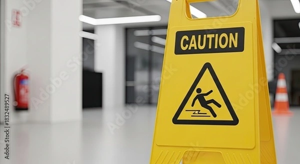 Fototapeta A yellow caution sign with a man falling on a wet floor in a modern office building.