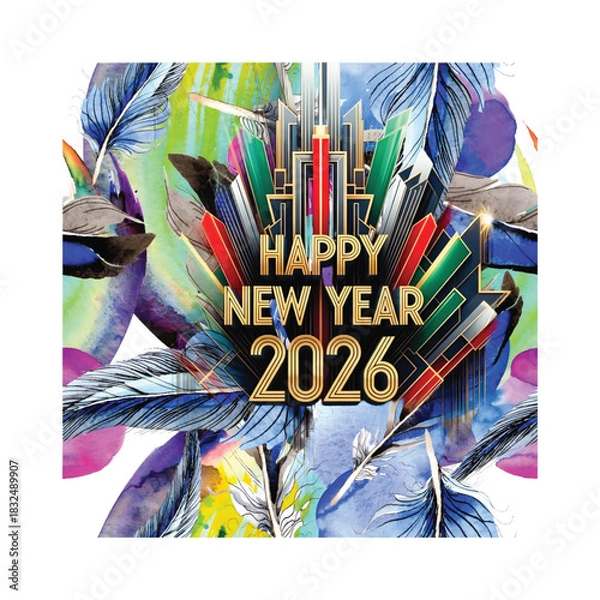 Obraz Vibrant Art Deco Happy New Year 2026 Design with Watercolor Feathers and Gatsby-Style Graphics
