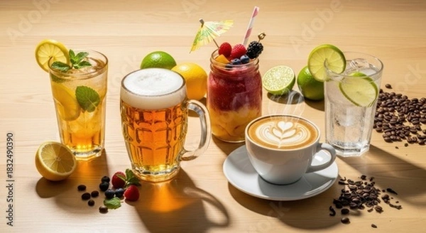 Fototapeta A table with various drinks and fruits, including lemonades, iced tea, coffee, and fresh berries.