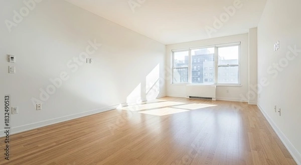 Fototapeta A spacious, well-lit living room with hardwood floors and a large window, featuring a white wall and a white couch.
