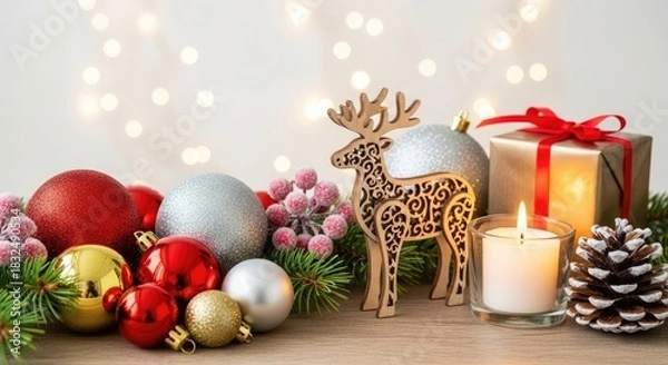 Fototapeta Christmas decorations with a wooden reindeer, baubles, and a lit candle on a wooden table.