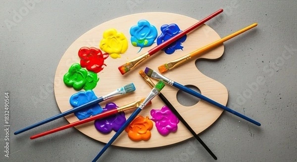 Fototapeta A wooden art palette with various paintbrushes and paint samples on a gray surface.