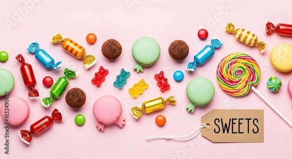 Fototapeta A colorful array of candies and sweets on a pink background.