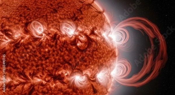 Fototapeta A solar flare erupting from the sun's surface. The solar concept of energy and power. The sun's surface is a fiery red-orange color with swirling plasma and magnetic fields.