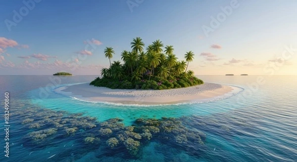 Fototapeta A serene tropical island with a small sandy beach, lush green palm trees, and crystal-clear turquoise waters.