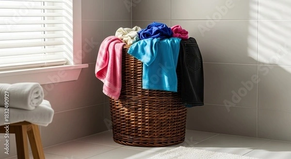 Fototapeta A wicker laundry basket filled with colorful laundry, including a pink towel, a blue shirt, and a black pair of jeans, in a bathroom with a window and tiled walls.