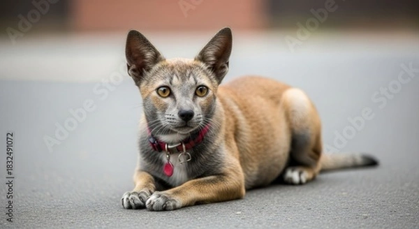 Fototapeta A brown and tan cat with a red collar and tag, lying on a gray pavement.