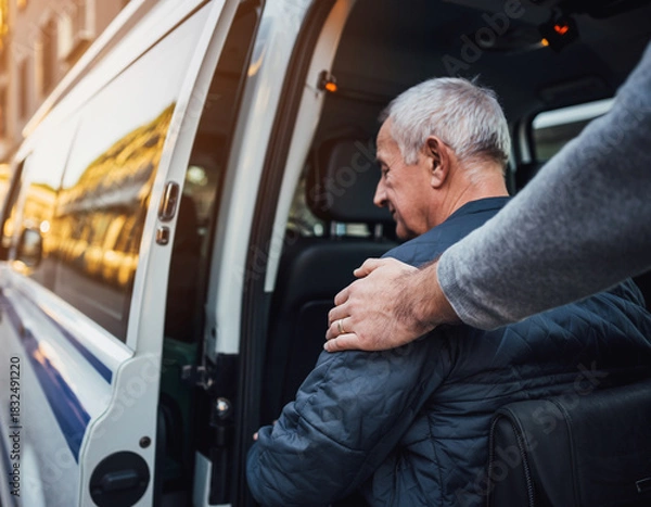 Fototapeta Elderly care concept: A Man’s Hand Touching the Shoulder of an Older Disabled Man in an Ambulance
