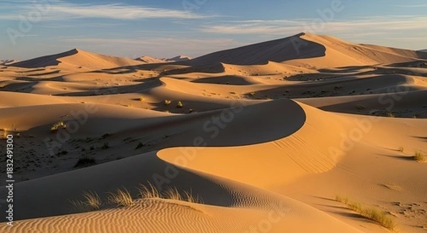 Fototapeta Desert landscape with sand dunes and sparse vegetation.