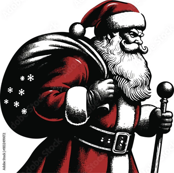 Fototapeta Grumpy Santa Claus with Sack and Staff