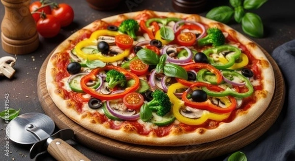Fototapeta A delicious vegetable pizza with colorful toppings on a wooden board.