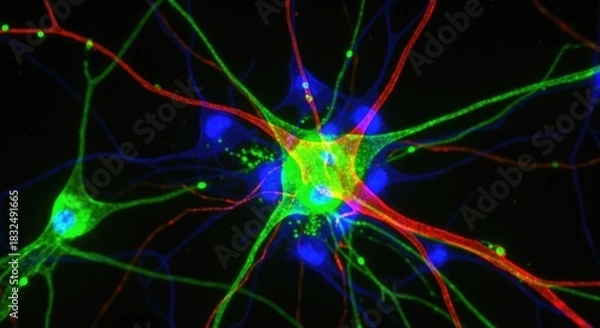 Fototapeta Neurons with vibrant colors and intricate structures against a black background.