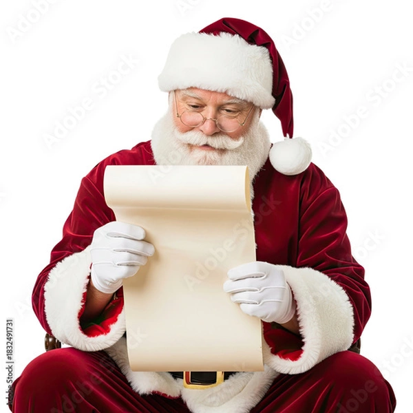 Fototapeta Santa Claus reading a scroll with a blank sheet of paper in his hands.