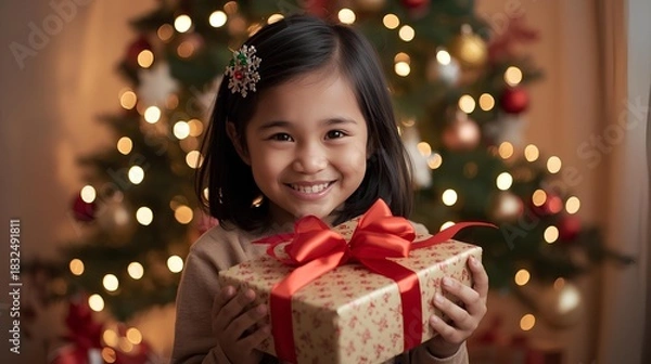 Fototapeta A Smiling Girl Holds a Christmas Gift with a Tree in the Background