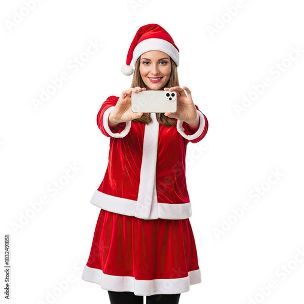 Fototapeta A woman in a Santa Claus costume taking a selfie with a smartphone.