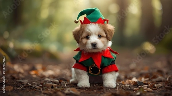 Fototapeta Adorable Puppy Dressed as an Elf in Autumn Forest Setting