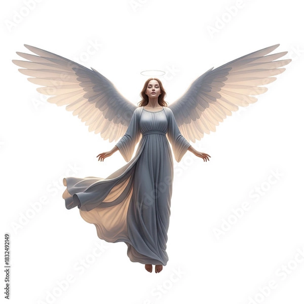 Fototapeta A serene angel with wings and a halo, floating in a white space with a soft, ethereal glow.
