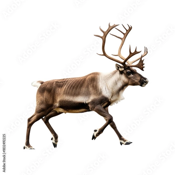 Fototapeta A reindeer with large antlers running on a white background.