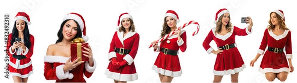 Fototapeta Collection of beautiful lady wearing Santa Claus with various activities and gesture.