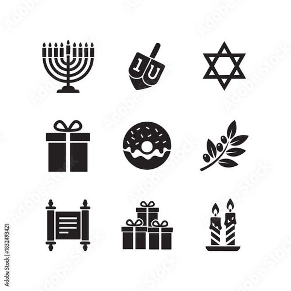 Obraz Hanukkah Holiday Icons Set in Black Silhouette