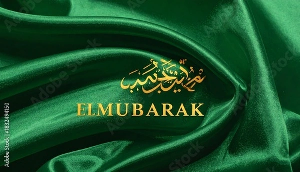 Obraz Elegant green silk fabric background with golden Arabic calligraphy and 'ELMUBARAK' text, symbolizing blessings and celebration.