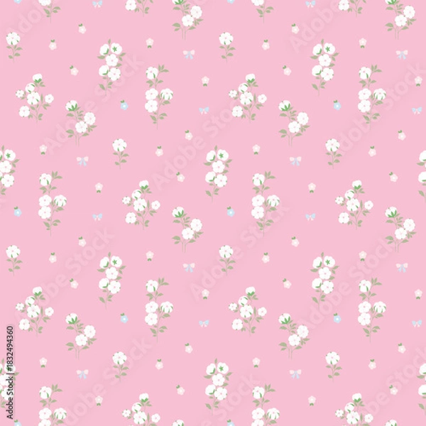 Fototapeta Flower pattern, floral seamless pattern, cottagecore ditsy tile print, gentle cotton flower on pink background. Small hand draw flower, sweet tone style design for fashion, texture, fabric, wallpaper