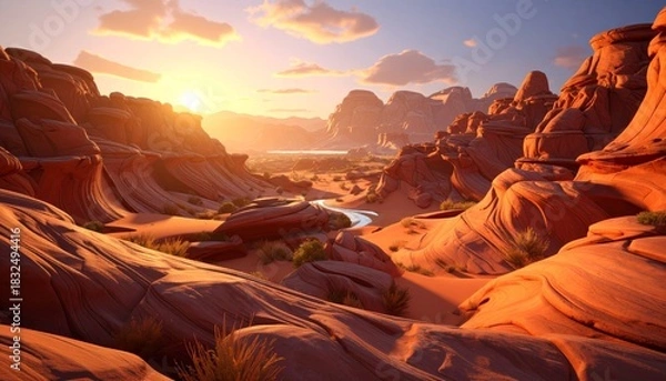 Obraz Golden hour light illuminates a winding river through a majestic desert canyon landscape with towering rock formations and distant mountains.