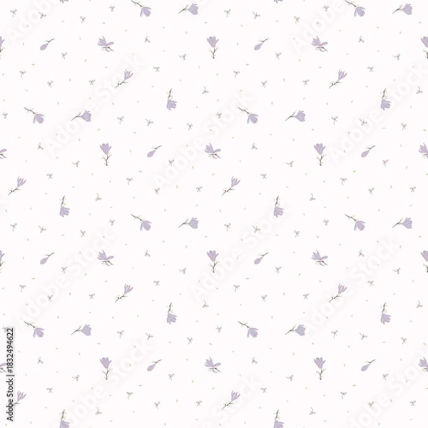 Fototapeta Flower pattern, floral seamless pattern, cottagecore ditsy print, purple meadow flower on light background. Small hand drawn flower, light tone style design for fashion, texture, fabric, wallpaper