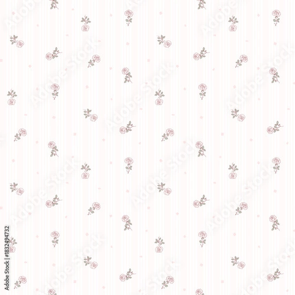 Fototapeta Flower pattern, floral seamless pattern, cottagecore ditsy print, rose flower on stripe background. Small hand draw love flower, earth tone design for fashion, texture, fabric, valentine wallpaper