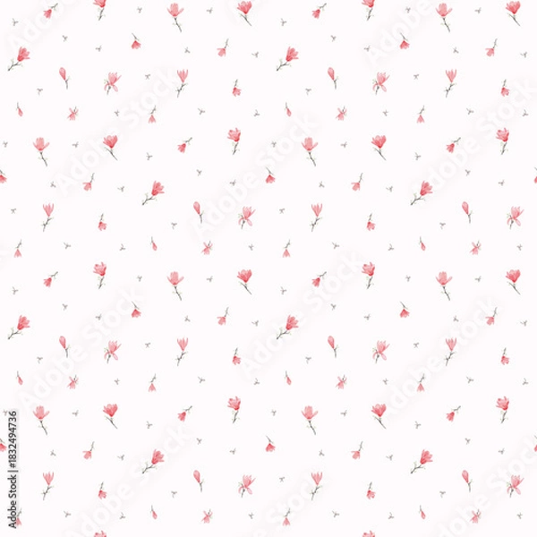 Fototapeta Flower pattern, floral seamless pattern, cottagecore ditsy print, red meadow flower on light background. Small hand drawn flower, light tone style design for fashion, texture, fabric, wallpaper