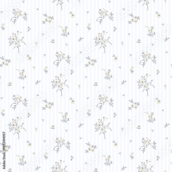 Fototapeta Flower pattern, floral seamless pattern, cottagecore ditsy print, gentle meadow flower on stripe background. Small hand drawn flower, blue tone style design for fashion, texture, fabric, wallpaper
