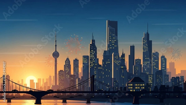 Fototapeta A stylized vector illustration of a cityscape skyline featuring a bridge, skyscrapers, and celebratory fireworks at sunset, creating a vibrant urban scene