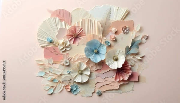 Obraz A background image with torn paper and pressed flowers as a layered paper collage in blue, peach, pink, and cream colors.