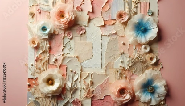 Obraz A background image with torn paper and pressed blue flowers as a layered paper collage in peach, pink, and cream colors.
