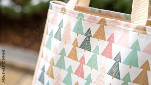 Obraz Christmas and Holiday gift bag in minimal theme. Colorful tote bag featuring a geometric tree pattern in pastel shades.