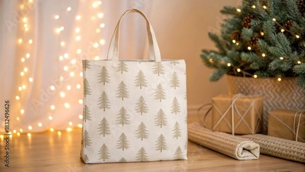 Obraz Christmas and Holiday gift bag in minimal theme. Festive bag with tree design, surrounded by gifts and holiday lights.