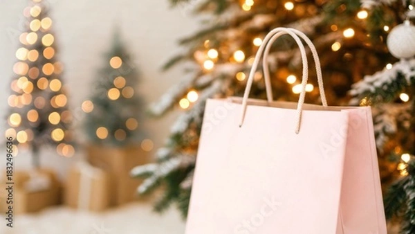 Obraz Christmas and Holiday gift bag in minimal theme. Gift bag in a festive setting with Christmas trees and blurred lights in the background.